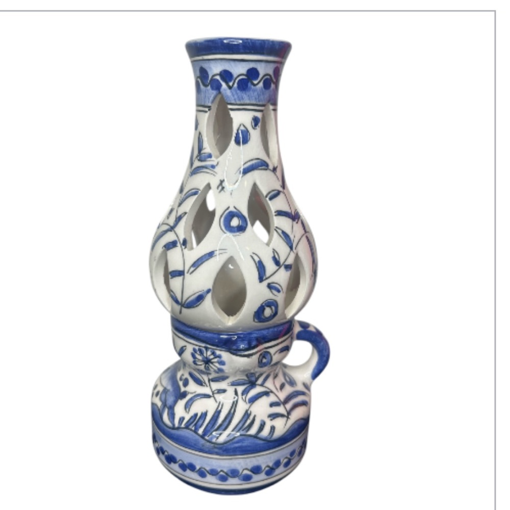 Hand Painted Ceramic Blue Floral Candle Holder Made in Portugal